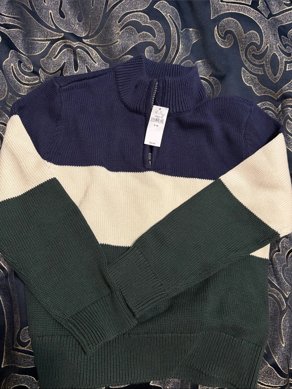 GAP Colorblock Quarter-Zip Sweater - Navy, Cream & Forest Green